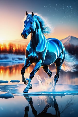 pure water, transparent, has a shape of a transparent horse, illuminating light, feeling alive, running, powerful body movement, winter lake view, crystal clear ice, icy storm scenery 