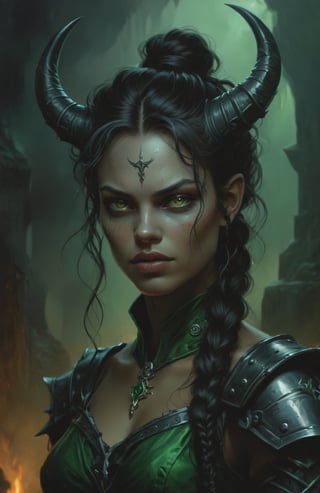 A demon queen from the nine hells, DnD tiefling, stern and stoneline expression, dangerous and deadly, black hair in braids, glowing green eyes, ((dark grey skin:1.8)), jagged black horns, Dark metal armour, mysterious ambiance, dark, digital painting, High Quality, 8k Uldtra HD, hyper-realistic, fantasy art, nodf_xl, background of a a dungeon, dnd, baldurs gate 3, dark, digital painting, in the style of esao andrews,4k,ENHANCE XL,ENHANCE Facial details, esao andrews style, esao andrews art,