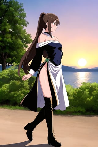 A beautiful woman, In her 20s, in a park, sunset, on the shore of a lake, the city in the background, in profile, straight profile, would be, nonchalant, /(Mediterranean tanned skin, extremely long straight light brown hair combed in a ponytail, honey-colored eyes,), /(Seasonal clothing: Off-shoulder full-body fitted long dress, butterfly patterns, thigh-high leather boots), (shapely legs, hourglass shaped athletic body, medium hips, medium waist, medium chest, perfect tapered s, triangular face, long fingers, Greek nose),