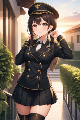 Cover for a manga magazine, In a military academy, a beautiful female student, in an indoor garden, on a terrace, with her back to the railing, stroking her hair with her fingers, indifferent, blushing, looking at the viewer, slightly hunched back to the front, vines on the walls, festive atmosphere, dusk, sunset, /(extremely long straight hair pulled back in a ponytail, almond-shaped eyes, hourglass athletic body, large breasts, medium hip, medium waist, shapely legs, perfect fingers, Greek nose, perfect hands, triangular face,), /(military uniform: senior officer's military cap, white fitted V-neck blouse long sleeves, short plain black fitted skirt, jet black satin blazer with gold buttons and insignia on chest, black thigh-high stockings held up by garters, medium heeled military boots,), colored pencil traces and watercolor brush strokes,