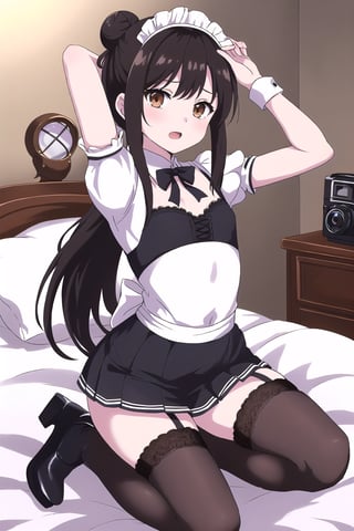 Flushed face, lying in bed yawning and squinting, head resting on the pillow, stretching arms lazily, bending legs, looking up towards the ceiling in the direction of the viewer, /(camera focus from the top plane), a beautiful 18-year-old woman, /(Long black hair straight In a ponytail and soft with a bun at the ends, light brown eyes, white skin,), /(Hourglass-shaped body, wide hips, small waist, shapely legs, big chest, small hands, thin fingers, Greek nose, almond-shaped eyes,), (Maid clothing: fitted blouse, pleated mini skirt with lace, platform booties, thigh-high stockings held up by garters,),