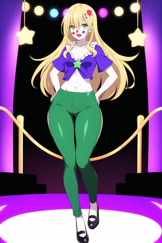 A video game character, a villain, a darck clown on the center stage of a circus, a beautiful and sexy 18 year old woman, /(Pale white skin, long golden blond hair, emerald green eyes,), /(Hourglass-shaped body, wide hips, small waist, shapely legs, big chest, small hands, thin fingers, Greek nose, almond-shaped eyes,), /(Clown costume: wig with tousled hair, tight pants, colorful V-neck blouse, exaggerated shoes, face paint, star ornaments around the eyes,),