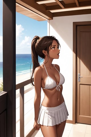 A beautiful woman, in her 20's, indifferent, annoyed, insensitive, in the hallway, in a beach house, mid-day, yelling, raising arm, commanding, in the direction of the sea, aerial view, top focus, looking up at the ceiling, /(tanned brown skin, extremely long straight dark brown hair combed into a ponytail, brown eyes,), /(Beachwear: short pleated skirt of light fabric, golden bikini, unbuttoned blouse, sandals,),