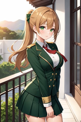 Cover for a manga magazine, In a military academy, a beautiful female student, in an indoor garden, on a terrace, with her back to the railing, stroking her hair with her fingers, indifferent, blushing, looking at the viewer, slightly hunched back to the front, vines on the walls, festive atmosphere, dusk, sunset, /(extremely long straight hair pulled back in a ponytail, almond-shaped eyes, hourglass athletic body, large breasts, medium hip, medium waist, shapely legs, perfect fingers, Greek nose, perfect hands, triangular face,), /(military uniform: senior officer's military cap, white fitted V-neck blouse long sleeves, short plain green fitted skirt, emerald green satin blazer with gold buttons and insignia on chest, dark green thigh-high stockings held up by garters, medium heeled military boots,), colored pencil traces and watercolor brush strokes,