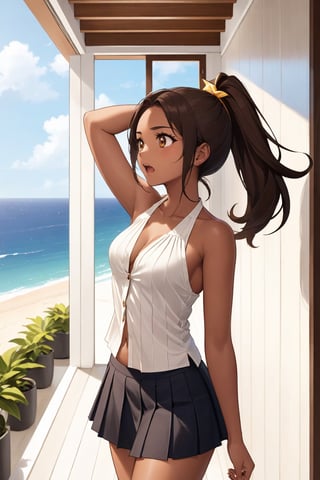 A beautiful woman, in her 20's, indifferent, annoyed, insensitive, in the hallway, in a beach house, mid-day, yelling, raising arm, commanding, in the direction of the sea, aerial view, top focus, looking up at the ceiling, /(tanned brown skin, extremely long straight dark brown hair combed into a ponytail, brown eyes,), /(Beachwear: short pleated skirt of light fabric, golden bikini, unbuttoned blouse, sandals,),