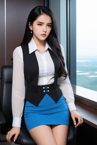 A beautiful woman, 18 years old, in an office, sitting in a chair, behind a desk, exhausted, sad, angry, at night, contemplating the landscape through the window, /(white skin, extremely long black hair, sky blue eyes,), /(fitted office clothes: patent leather shoes, sky blue plain mini skirt, white short-sleeved blouse, buttoned sky blue vest, hair brooch,), /(shapely legs, hourglass athletic body, medium hips, medium waist, big chest,),