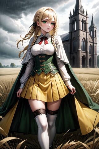 /(Woman, 18 years old, beautiful, sexy), (field, church, cloudy sky, rain,) /(blood on her clothes, corpses around, ruins,), /(sadistic, expressionless, indifferent,), /(proportionate body, large breasts, shapely legs, medium waist, medium hips, perfect hands, perfect face, perfect eyes,), /(blonde hair, long hair, braid over right shoulder, white skin, emerald green eyes,), /(18th century style military clothing, thread-tied corset, yellow corset, white blouse, long sleeve blouse, lace blouse, yellow miniskirt, pleated miniskirt, white boots, thigh-high boots, boots held up by garters, metal mittens, metal knee pads, metal shoulder pads, cape, hair clip,),