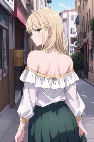 Walking through the streets of the city, with his back turned, looking over his shoulder, /(perfect and detailed hands, highly detailed and perfect fingers, perfect and detailed triangular face, beautiful, perfectly proportioned and highly detailed body,), /(A beautiful European woman with an indifferent expression on her face, 20 years old, straight golden blonde hair, white skin, with perfectly detailed emerald green eyes), /(Casual wear: short dark blue fitted skirt with pleats, white off-shoulder blouse with a tight fit),