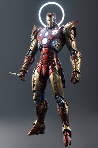 gundam giant, A boy with brown hair, standing, male focus, in full-body Iron Man-style armor, against a grey background. He is a cyborg without a helmet. There is a coil on his chest and another coil on each of his wrists. On his back, there is a halo in a vertical position, with a diameter of 1 meter.