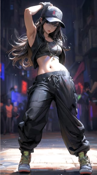 A stunning digital artwork depicts a ravishing woman in a sleek black top and pants, her curves accentuated as she dances with elegance, reminiscent of Ross Tran's signature style. Inspired by Raymond Swanland and Artgerm, the piece features Breakdancer's fierce spirit. In the realm of WLOP-inspired digital painting, Yang J brings forth a breathtakingly realistic female dancer, her movements fluid and captivating. The dark background allows her beauty to shine, as if bathed in moonlight.