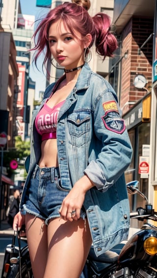 A stunning cyberpunk girl poses solo from above, waist up, against a vibrant backdrop of a neon-lit city street. Her colorful dyed hairstyle shines amidst the bustling tech-jacketed crowd. She stands confidently in front of her sleek motorcycle, Harajuku-inspired jacket radiating a futuristic glow. Ultra-detailed and photorealistic, this masterpiece is a unity 8k wallpaper come to life, showcasing breathtaking aesthetic quality.