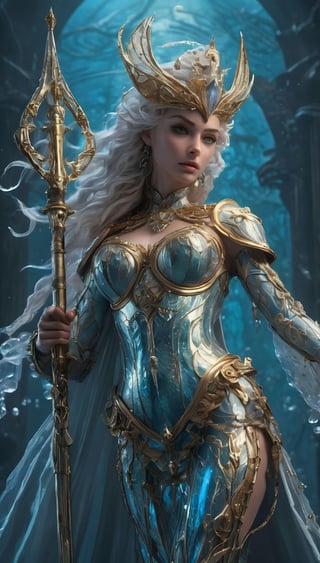 stunning Sea Queen stands tall, her piercing gaze radiating anger as she holds a massive gold trident aloft. Her fully-articulated adult body is rendered in perfect detail, clad in intricate full-plate fish-scale armor adorned with colored pearls and flowing  transparent jellyfish cape fluttering behind her like a ghost veil. The futuristic knight's powerful physique is showcased against the backdrop of an undersea realm, where chaos rages everywhere. With a desperate look on her face, she embodies Ultra Violent Womanhood, frozen in time for eternity.