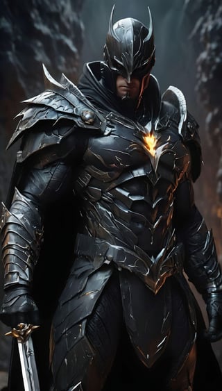 a close up of a person in armor with a sword, dark armor, black fire color reflected armor, sharp sleek edged black armor, amazing 8k character concept art, black armor, sharp black armor, style of raymond swanland, darksiders style, evil knight, dark supervillain, anthropomorphic raven knight, wearing heavy armor with cape, draconic looking armor