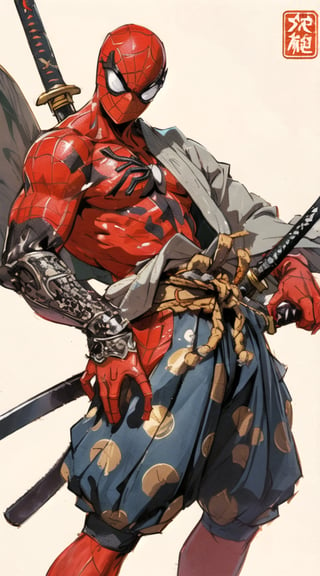 Spider-Man stands tall in majestic samurai armor, sword at the ready and a large knife clutched firmly in his hand. His eyes gleam with a hint of demonic intensity, as if channeling the spirit of the Terminator. In the midst of a vibrant, Octane Render-inspired cityscape, Spider-Man's detailed digital anime art shines bright, with intricate textures and shading that evoke the mastery of Yoshitaka Amano. Mark Brooks' level of detail is rivaled only by the demon samurai warrior's imposing presence.