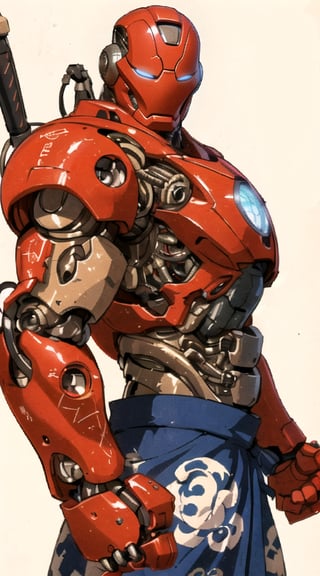 In a vibrant, neon-lit cityscape, a stunning robot stands out with its anime-inspired design. The humanoid bot, infused with organic elements, holds a baseball bat in a strong, confident grasp. Red biomechanical details adorn its limbs and torso, evoking Masamune Shirow's mecha artistry. Japanese mecha influences blend seamlessly with human features, creating a striking cyborg. As the robot stands tall, its mechanical suit glistens under the city lights, while the organic parts seem to pulse with life. Biomechanical oppai details add a touch of futuristic flair to this magnificent mecha-human hybrid.