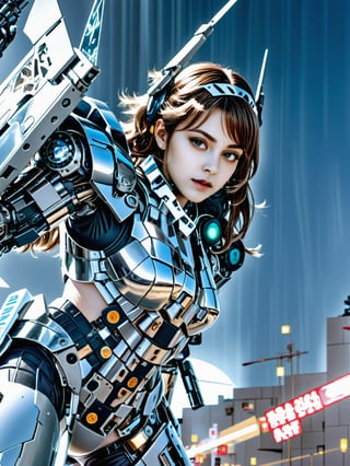 In a neon-lit cityscape, a stunning anime cyborg girl stands triumphantly, her futuristic suit gleaming with metallic sheen. She wears mechanized Valkyrie armor, its angular lines accentuating her petite frame. Her bright blue hair cascades down her back like a river of night, as she holds a sleek gun at the ready. The city's towering skyscrapers and holographic advertisements blur into the background, focusing attention on this perfect blend of human and machine: the beautiful white-haired cyborg girl.