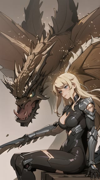 In a dark, gritty atmosphere, a stunning blonde woman dons a black leather outfit as she sits astride a massive metal dragon. The dragon's scales glisten in the dim light, its wings spread wide. Wojtek fus-inspired mechanical limbs adorn her arms and legs. Her cybernetic armor, reminiscent of Girl in Mecha, reflects the surrounding shadows like Fenghua Zhong's metallic hues. Alena Aenami-esque textures cover the dragon's surface. Android Jones' futuristic flair infuses the scene, as if Ryan Barger's dark fantasy had come to life. The image trends on CGSociety, with a UHD finish by Karol Bak.