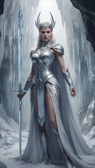 stunning Ice Queen stands tall, her piercing gaze radiating anger as she holds a massive ice sword aloft. Her fully-articulated adult body is rendered in perfect detail, clad in intricate full-plate diamond armor adorned with ble sapphire and flowing white silk cape fluttering behind her like a misty veil. The futuristic knight's powerful physique is showcased against the backdrop of an icy cave, where a blizzard rages outside. With a desperate look on her face, she embodies Ultra Violent Womanhood, frozen in time for eternity.