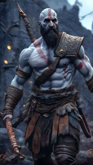 a close up of a man with a sword in a rocky area, kratos, dwayne johnson as kratos, sam hyde in god of war 4, dwayne johnson as god of war, god of war 2 0 1 8, god of war, portrait of kratos, emma watson as kratos, film still from god of war, male warrior, ultra detailed game art