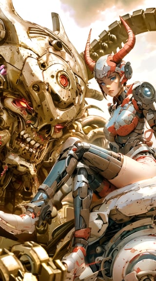 Close-up shot of a woman sitting amidst the cluttered shelves of a junkshop. She's surrounded by scraps of metal and machinery, yet her beauty shines like a beacon. Her legs are a fusion of organic and mechanized limbs, resembling a cyborg Valkyrie. The giant rusted robot perched on the shelf above her appears as if it's ready to spring to life. Soft lighting illuminates her features, highlighting porcelain-like skin and striking blue eyes. Her pose is sultry, with one hand resting on her hip and the other cradling a mechanical limb. In the background, old machinery and tools hang from the walls like skeletal fingers, adding to the post-apocalyptic ambiance.