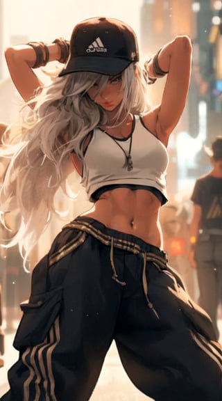 A close-up shot of a breakdancing beauty, her striking white hair gleaming under the vibrant city street lights. The Ross Tran-esque style shines through in the dynamic composition, with bold lines and energetic motion. Volumetric lighting casts a dramatic glow on her radiant locks as she effortlessly spins on the pavement, her toned physique a testament to her dedication to the art.