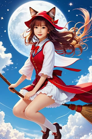 CG_v3, ((masterpiece, best quality)), (best quality, 4k,8k, high resolution, masterpiece: 1.2), ultra detailed, 1 young woman flying in the sky astride a magic broom. Girl is wearing a Mikofuku. miko, half pants, Red and white mikofuku. Nekomimi. Cat ears. Beautiful eyes. Beautiful silver hair. medium hair, Very detailed and quality illustration. masterpiece, top quality, aesthetic, 4K, Official Art, magic_broom