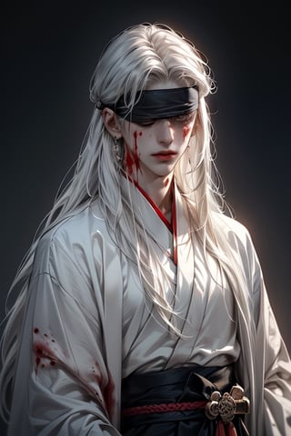 (WHITE_HAIRED_MALE_with_bloody_wounds_on_his_face holding_ancient_sword:1.5) (blindfolded with silve_embroidere_ BLUE_silk_ribbon in front of his eyes:1.5), best quality, masterpiece, beautiful and aesthetic, 16K, (HDR:1.4), high contrast, (vibrant color:0.5), (muted colors, dim colors, soothing tones:1.3), Exquisite details and textures, cinematic shot, Cold tone, (Dark and intense:1.2), wide shot, ultra realistic illustration, 
(extreamly delicate and beautiful:1.2), 8K, (tmasterpiece, best:1.2), (LONG_WHITE_HAIR_MALE:1.5), (PERFECT SYMMETRICAL BLUE EYES:0), a long_haired masculine male, cool and determined, evil_gaze, (wears white hanfu:1.2), (BLOODY_FACE blindfolded:1.5) and intricate detailing, finely eye and detailed face, Perfect eyes, Equal eyes, Fantastic lights and shadows、finely detail,Depth of field,,cumulus,wind,insanely NIGHT SKY,very long hair,Slightly open mouth, long SILVER-WHITE hair,slender waist,,Depth of field, angle ,contour deepening,cinematic angle ,Enhance,wears white hanfu,ancient chinese style,White eye mask,All white tones