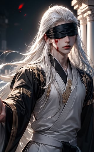 (WHITE_HAIRED_MALE_with_bloody_wounds_on_his_face holding_ancient_sword:1.5) (blindfolded with silve_embroidere_ BLUE_silk_ribbon in front of his eyes:1.5), best quality, masterpiece, beautiful and aesthetic, 16K, (HDR:1.4), high contrast, (vibrant color:0.5), (muted colors, dim colors, soothing tones:1.3), Exquisite details and textures, cinematic shot, Cold tone, (Dark and intense:1.2), wide shot, ultra realistic illustration, siena natural ratio, Art by Luis Royo and Gustave Moreau, (MARTIAL ART POSE:1.4)
(extreamly delicate and beautiful:1.2), 8K, (tmasterpiece, best:1.2), (LONG_WHITE_HAIR_MALE:1.5), (PERFECT SYMMETRICAL BLUE EYES:0), a long_haired masculine male, cool and determined, evil_gaze, (wears black and white hanfu:1.2), (BLOODY_FACE blindfolded:1.5) and intricate detailing, finely eye and detailed face, Perfect eyes, Equal eyes, Fantastic lights and shadows、finely detail,Depth of field,,cumulus,wind,insanely NIGHT SKY,very long hair,Slightly open mouth, long SILVER-WHITE hair,slender waist,,Depth of field, angle ,contour deepening,cinematic angle ,Enhance