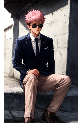 yuji itadori, alone, 1 boy, pink hair, short hair shaved on the sides, wearing 1 stylish suit, muscular, wearing sunglasses, yuuji itadori, spiky hair, short hair, undercut, facial marking, Germany Male, eyes brown boater hat