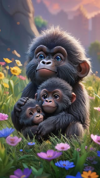 masterpiece, 4K resolution, high definition, ultra-detailed, there are three animals on a grassland with the flowers, a Mama Gorilla with cute face and two fat and cuddly gorilla babies, adorable digital painting, cute digital art, cute bears, furry cute animals, cute detailed digital art, illustration of 2 animals, cute cartoon, cute artwork, digital cartoon painting art, cute 3D render, lovely and cute, cute detailed artwork, cute and lovely, high quality wallpaper