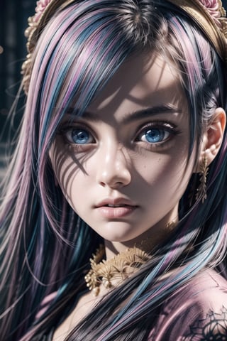 Masterpiece, ((1girl)), ((solo)), half body, details, (long straight hair), ((blue-pink hair: 0.8)), big eyes, (beautiful detailed eyes), (detailed face) , (extremely detailed CG, ultra detailed, best shadow), ((depth of field)),