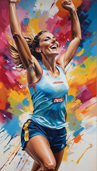 a painting of a woman running with her arms in the air, beautiful painting of a tall, stunning artwork, stunning art, jen bartel, daniel lezama painting style, incredible painting, painting of beautiful, inspired by Alexander Deyneka, stunning painting, adidas painting, inspired by Christen Dalsgaard, art of alessandro pautasso, awesome