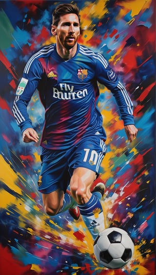 painting of a man kicking a soccer ball with a colorful background, lionel messi portrait, adidas painting, inspired by Luis Enrique Camej, messi, daniel lezama painting style, lionel messi, portrait of cristiano ronaldo, inspired by Master of the Bambino Vispo, inspired by Victor Meirelles, inspired by Alonso Vázquez, inspired by Leo Valledor