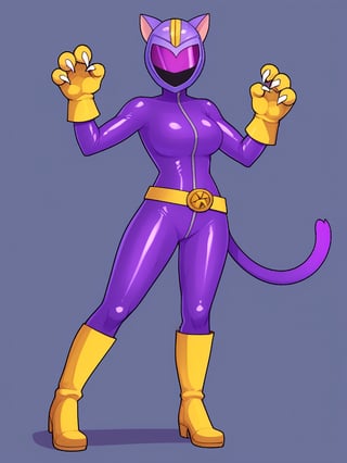 female , cat ears , cat claws , purple helmet , purple latex suit , yellow belt , long yellow gloves , long yellow boots