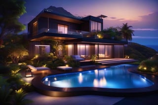 ultra Transparent 8k hd A realistic beautiful evening night,close up,evening, dark background, a beautiful place in agarhta, wide landscape, realistiic view, trees, garden, 3story floor moderm homes archectect design 2024, ocean, flowers,
8k photograph, photoreal details, heaven fantasy, with a sky brown_light_black color. 