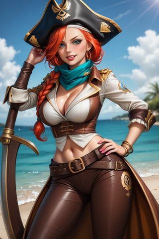 Physical: Miss Fortune stands out for her athletic and curvy figure, a product of her training as a pirate and bounty hunter.
Hair: Her fiery red hair, long and wavy, frames her face with a natural rebellion, often adorned with a pirate scarf or elaborate braids.
Eyes: Her intense sapphire eyes radiate cunning and determination, capable of intimidating any enemy.
Clothing: Her clothing style reflects her dual nature of pirate and noble. She usually wears a tricorn pirate hat, a low-cut blouse that shows off her tattoos, and tight leather pants.