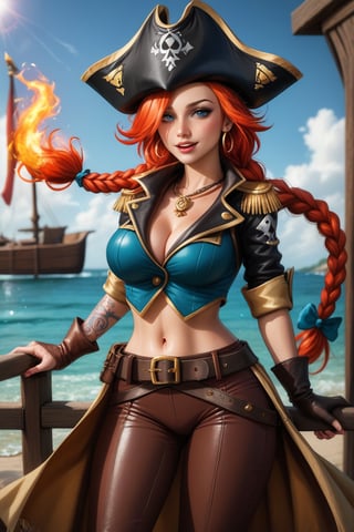 Physical: Miss Fortune stands out for her athletic and curvy figure, a product of her training as a pirate and bounty hunter.
Hair: Her fiery red hair, long and wavy, frames her face with a natural rebellion, often adorned with a pirate scarf or elaborate braids.
Eyes: Her intense sapphire eyes radiate cunning and determination, capable of intimidating any enemy.
Clothing: Her clothing style reflects her dual nature of pirate and noble. She usually wears a tricorn pirate hat, a low-cut blouse that shows off her tattoos, and tight leather pants.