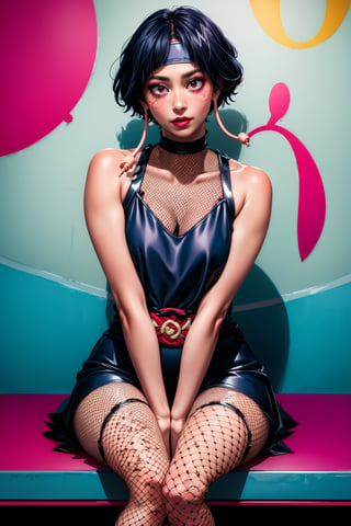 nar_kurenai_yuhi,forehead protector,bandages,sarashi,red eyes,makeup,lipstick,ninja,lipstick,fishnets,sitting,