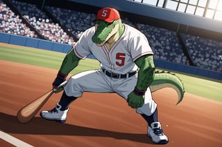 Score_9, Score_8_up, Score_7_up, masterpiece, best quality, 4k, perfect lighting, very aesthetic, absurdres, uncensored, rating_general, source_anime, BREAK, 1man, ((anthropomorphic alligator umpire)), baseball player, coaching, inspiring