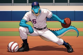 Score_9, Score_8_up, Score_7_up, masterpiece, best quality, 4k, perfect lighting, very aesthetic, absurdres, uncensored, rating_general, source_anime, BREAK, 1man, ((anthropomorphic alligator umpire)), baseball player, coaching, inspiring