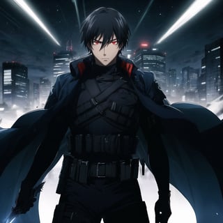 Score_9, Score_8_up, Score_7_up, masterpiece, best quality, 4k, perfect lighting, very aesthetic, absurdres, uncensored, rating_general, sfw, source_anime, BREAK, 1boy, solo, hei_darker_than_black, black hair, spiky hair, glowing red eyes, determined expression, long black coat, [tactical vest], [utility belt], (thick blue outline), (dagger blade), tokyo, night, fallen star background, arms forward,Details++