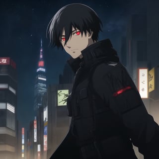 Score_9, Score_8_up, Score_7_up, masterpiece, best quality, 4k, perfect lighting, very aesthetic, absurdres, uncensored, rating_general, sfw, source_anime, BREAK, 1boy, solo, hei_darker_than_black, black hair, spiky hair, glowing red eyes, determined expression, long black coat, [tactical vest], [utility belt], (thick blue outline), short double edged dagger, tokyo, night, fallen star background, arms forward,Details++