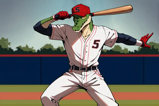 Score_9, Score_8_up, Score_7_up, masterpiece, best quality, 4k, perfect lighting, very aesthetic, absurdres, uncensored, rating_explicit, nsfw, source_anime, BREAK, 1man, ((an alligator)), wearing classic baseball uniform, baseball cap, baseball field, pointing bat towards the outfield