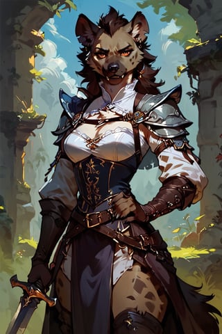 score_9, score_8_up, score_7_up, score_6_up,FANTASY, solo, hyena,female werehyena,medieval clothes,hold a sword,concept art, Expressiveh,