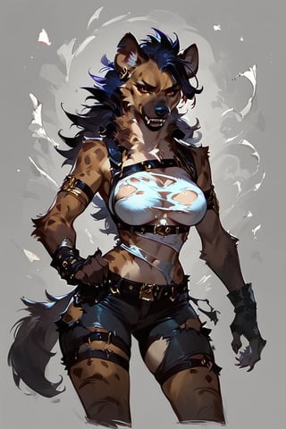 score_9, score_8_up, score_7_up, score_6_up, solo, hyena,female werehyena,torn clothes, concept art, Expressiveh,