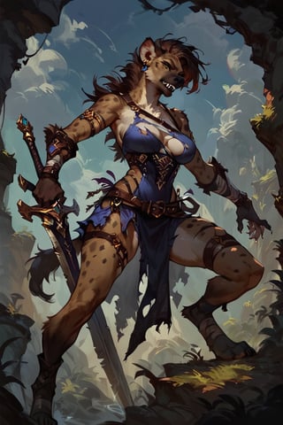 score_9, score_8_up, score_7_up, score_6_up,FANTASY, solo, hyena,female werehyena,adventurer torn clothes,hold a sword,concept art, Expressiveh,