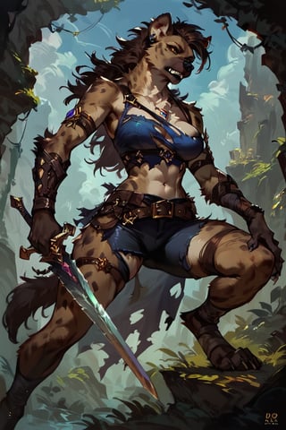 score_9, score_8_up, score_7_up, score_6_up,FANTASY, solo, hyena,female werehyena,adventurer torn clothes,hold a sword,concept art, Expressiveh,