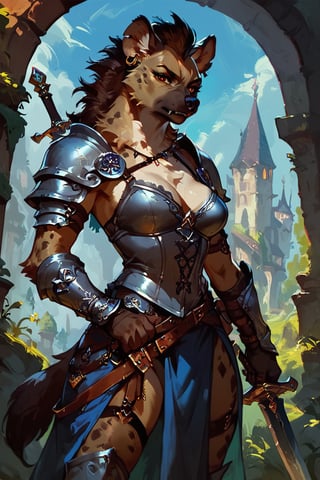 score_9, score_8_up, score_7_up, score_6_up,FANTASY, solo, hyena,female werehyena,medieval mercenary clothes,hold a sword,concept art, Expressiveh,