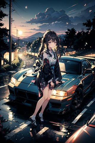 Japanese girl in front of a 90's Japanese sports car with a sunset road background,firefliesfireflies,sangonomiya kokomi (sparkling coralbone)