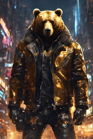 a antropomorphic bear wearing a leather jacket,dal,dark anime,Golden Warrior Mecha,Eimi,shards